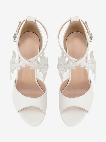 ホワイトブライダルシューズ オープントゥ レースディテール チャンキーヒール ウェディングシューズ