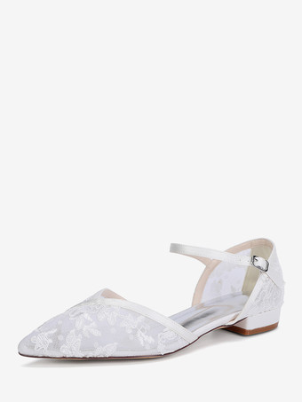 ホワイト レースのウェディングシューズ、ポインテッドトゥ、フラットブライダルシューズ