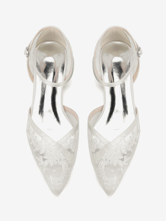 レースのウェディングシューズ、ポインテッドトゥ、フラットブライダルシューズ