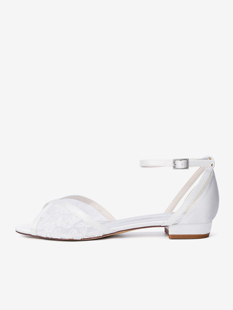 レースフラットウェディングシューズ オープントゥ アンクルストラップ ブライダルシューズ