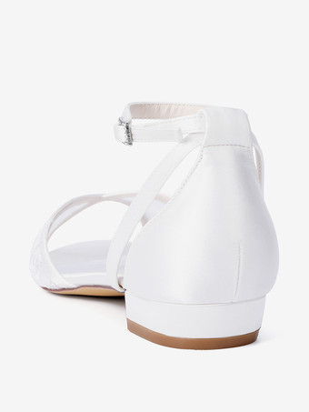 レースフラットウェディングシューズ オープントゥ アンクルストラップ ブライダルシューズ