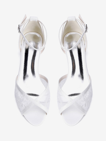 レースフラットウェディングシューズ オープントゥ アンクルストラップ ブライダルシューズ