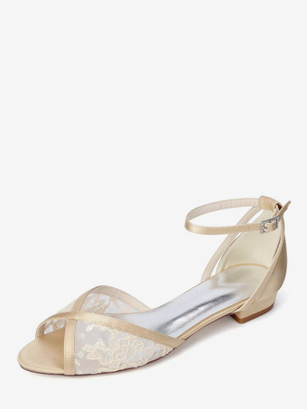 シャンパンカラーレースフラットウェディングシューズ オープントゥ アンクルストラップ ブライダルシューズ