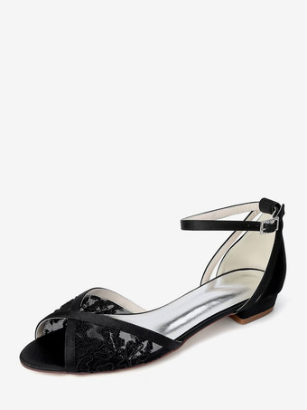 ブラック レースフラットウェディングシューズ オープントゥ アンクルストラップ ブライダルシューズ