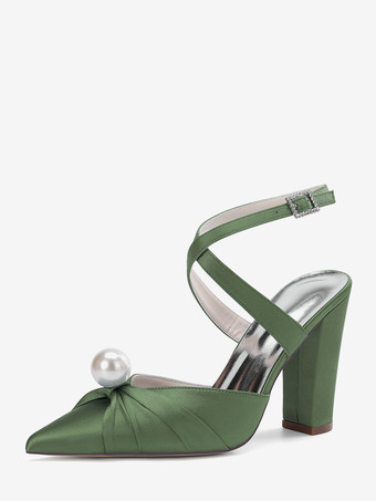 ハンターグリーン サテンウェディングシューズ チャンキーヒール ポインテッドトゥ パールハイヒール ブライダルシューズ