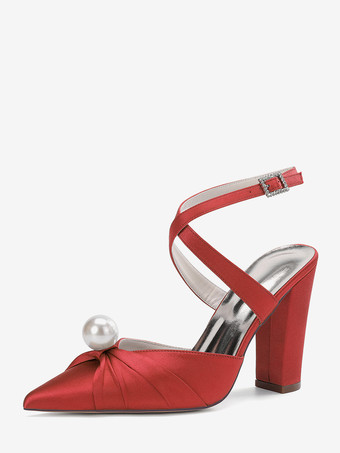 レッドサテンウェディングシューズ チャンキーヒール ポインテッドトゥ パールハイヒール ブライダルシューズ