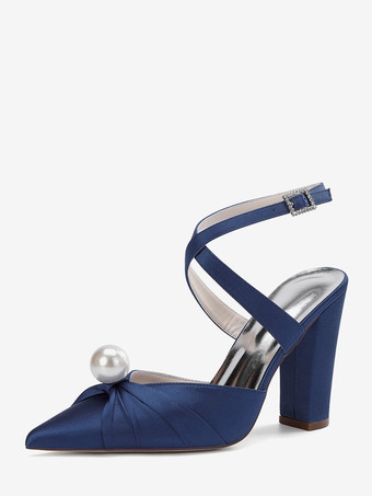 ディープブルーサテンウェディングシューズ チャンキーヒール ポインテッドトゥ パールハイヒール ブライダルシューズ