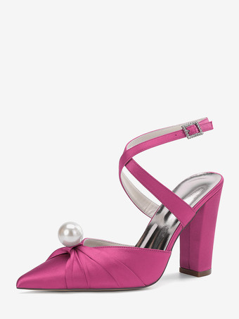 ローズレッドサテンウェディングシューズ チャンキーヒール ポインテッドトゥ パールハイヒール ブライダルシューズ