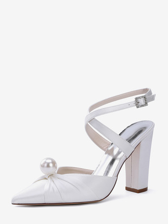 ホワイト サテンウェディングシューズ チャンキーヒール ポインテッドトゥ パールハイヒール ブライダルシューズ