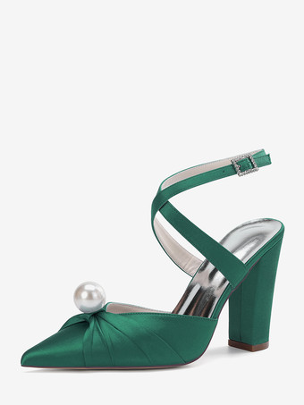 グリーン サテンウェディングシューズ チャンキーヒール ポインテッドトゥ パールハイヒール ブライダルシューズ
