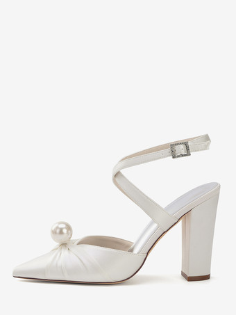 サテンウェディングシューズ チャンキーヒール ポインテッドトゥ パールハイヒール ブライダルシューズ