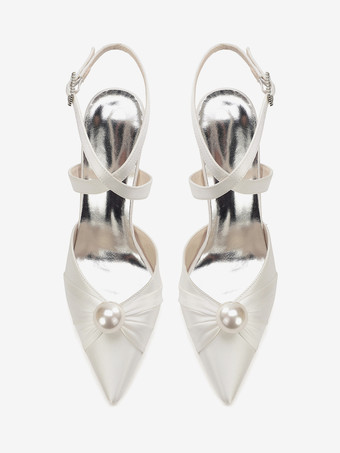 サテンウェディングシューズ チャンキーヒール ポインテッドトゥ パールハイヒール ブライダルシューズ