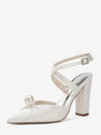 アイボリーサテンウェディングシューズ チャンキーヒール ポインテッドトゥ パールハイヒール ブライダルシューズ