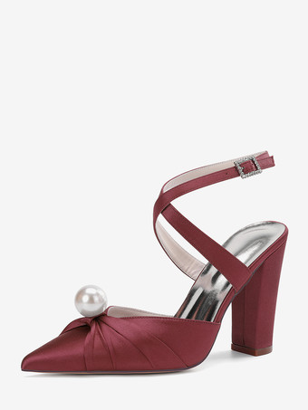 ワインレッド サテンウェディングシューズ チャンキーヒール ポインテッドトゥ パールハイヒール ブライダルシューズ