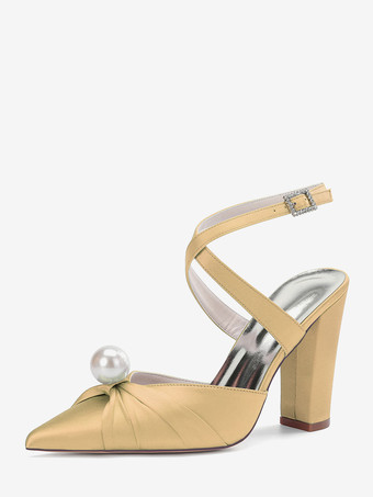 ゴールド サテンウェディングシューズ チャンキーヒール ポインテッドトゥ パールハイヒール ブライダルシューズ