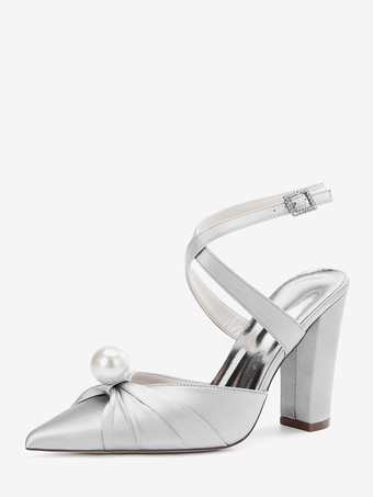 シルバー サテンウェディングシューズ チャンキーヒール ポインテッドトゥ パールハイヒール ブライダルシューズ