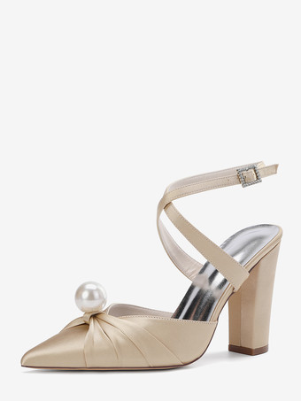 シャンパンカラーサテンウェディングシューズ チャンキーヒール ポインテッドトゥ パールハイヒール ブライダルシューズ