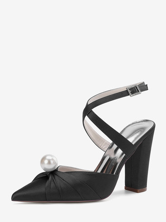 ブラック サテンウェディングシューズ チャンキーヒール ポインテッドトゥ パールハイヒール ブライダルシューズ