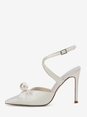 サテンハイヒールウェディングシューズ、ポインテッドトゥパールスリングバックパンプス