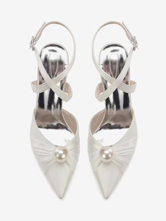 サテンハイヒールウェディングシューズ、ポインテッドトゥパールスリングバックパンプス