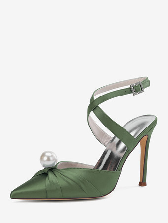 ハンターグリーン サテンハイヒールウェディングシューズ、ポインテッドトゥパールスリングバックパンプス
