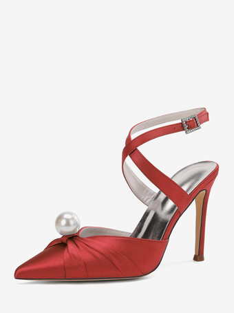 レッドサテンハイヒールウェディングシューズ、ポインテッドトゥパールスリングバックパンプス