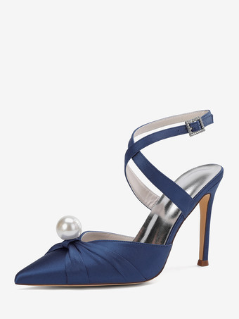 ディープブルーサテンハイヒールウェディングシューズ、ポインテッドトゥパールスリングバックパンプス