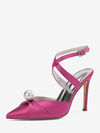 ローズレッドサテンハイヒールウェディングシューズ、ポインテッドトゥパールスリングバックパンプス