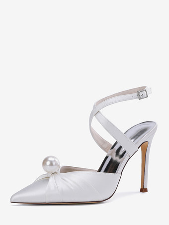 ホワイト サテンハイヒールウェディングシューズ、ポインテッドトゥパールスリングバックパンプス