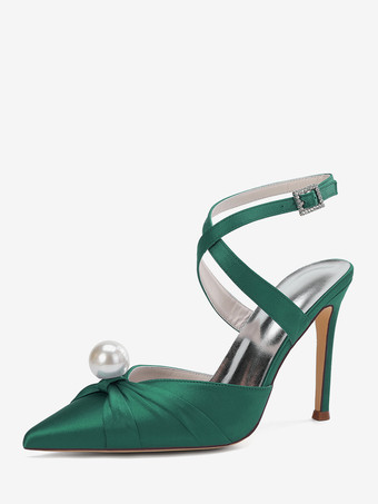 グリーン サテンハイヒールウェディングシューズ、ポインテッドトゥパールスリングバックパンプス