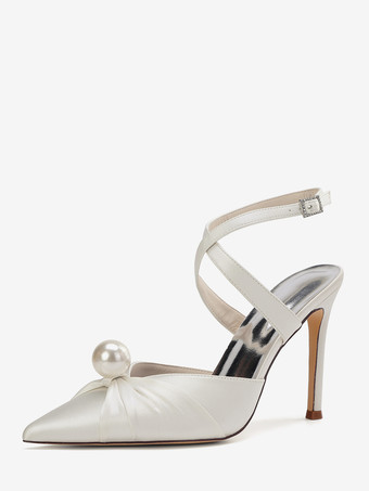 アイボリーサテンハイヒールウェディングシューズ、ポインテッドトゥパールスリングバックパンプス