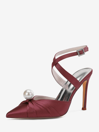 ワインレッド サテンハイヒールウェディングシューズ、ポインテッドトゥパールスリングバックパンプス