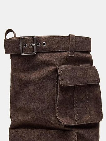 スエードミッドクラフブーツ レディース プラットフォーム ラウンドトゥ バックルディテール 乗馬ブーツ ポケット付き