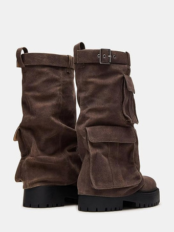 スエードミッドクラフブーツ レディース プラットフォーム ラウンドトゥ バックルディテール 乗馬ブーツ ポケット付き