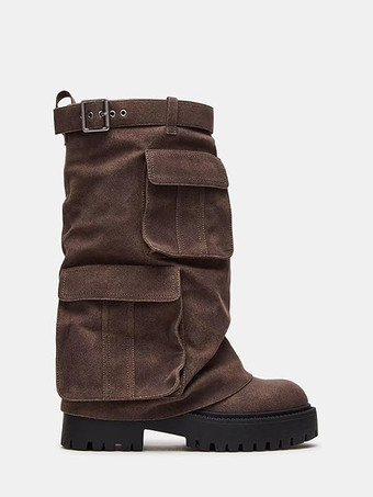 スエードミッドクラフブーツ レディース プラットフォーム ラウンドトゥ バックルディテール 乗馬ブーツ ポケット付き