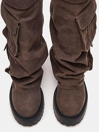 スエードミッドクラフブーツ レディース プラットフォーム ラウンドトゥ バックルディテール 乗馬ブーツ ポケット付き