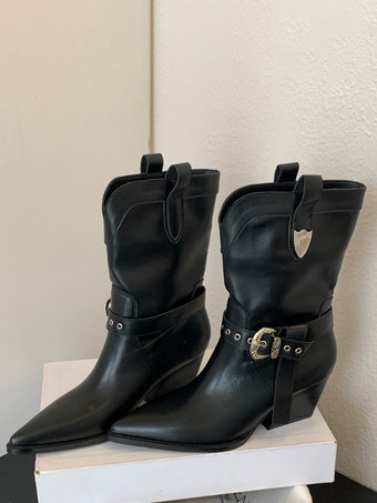 ブラックアンクルブーツ レディース ポインテッドトゥ バックルディテール チャンキーヒールブーツ