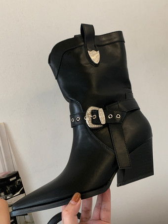 PUブラックブラックアンクルブーツ レディース ポインテッドトゥ バックルディテール チャンキーヒールブーツ