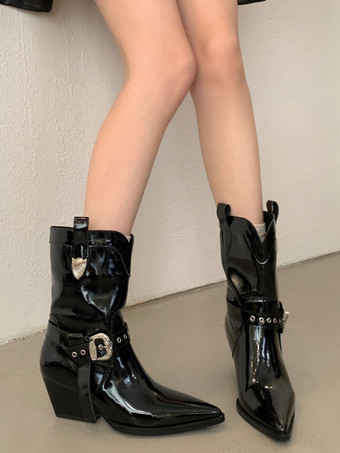 ブラックアンクルブーツ レディース ポインテッドトゥ バックルディテール チャンキーヒールブーツ