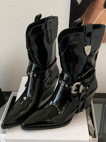 ブラックアンクルブーツ レディース ポインテッドトゥ バックルディテール チャンキーヒールブーツ