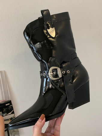 ブラック ブラックアンクルブーツ レディース ポインテッドトゥ バックルディテール チャンキーヒールブーツ