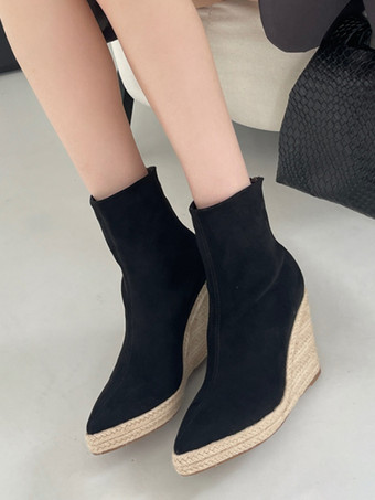 ブラック スエードウェッジブーツ レディース ポインテッドトゥ アンクルブーツ