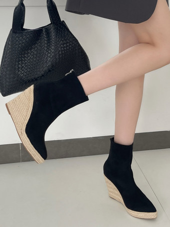 スエードウェッジブーツ レディース ポインテッドトゥ アンクルブーツ