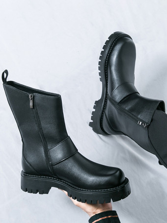 メンズショートブーツ チャンキーソール スチールバックル レザーシューズ 滑り止め付き カジュアル 頑丈な履物