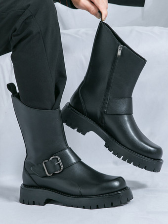 メンズショートブーツ チャンキーソール スチールバックル レザーシューズ 滑り止め付き カジュアル 頑丈な履物