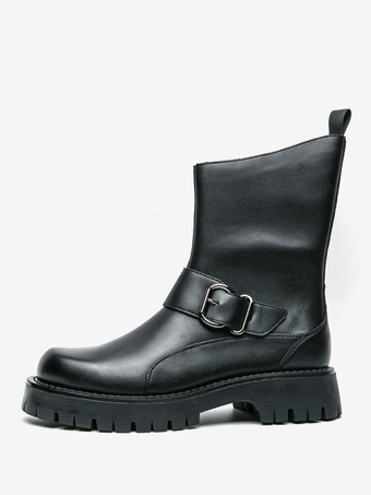 メンズショートブーツ チャンキーソール スチールバックル レザーシューズ 滑り止め付き カジュアル 頑丈な履物