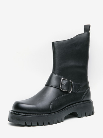 ブラック メンズショートブーツ チャンキーソール スチールバックル レザーシューズ 滑り止め付き カジュアル 頑丈な履物