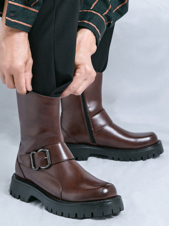 メンズショートブーツ チャンキーソール スチールバックル レザーシューズ 滑り止め付き カジュアル 頑丈な履物