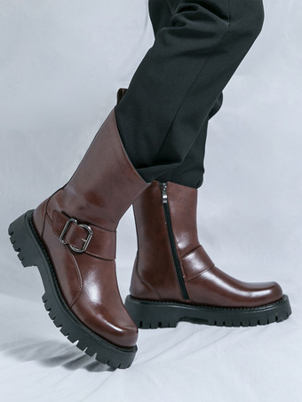 メンズショートブーツ チャンキーソール スチールバックル レザーシューズ 滑り止め付き カジュアル 頑丈な履物