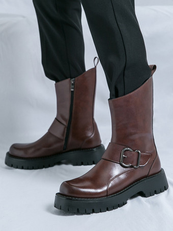 メンズショートブーツ チャンキーソール スチールバックル レザーシューズ 滑り止め付き カジュアル 頑丈な履物